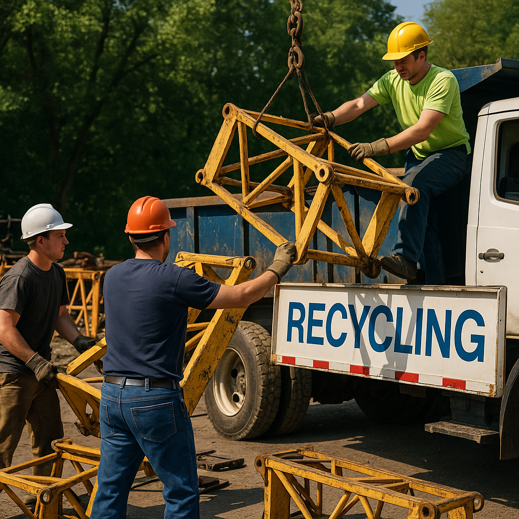 Crane components being loaded onto a recycling truck in a recycling yard with lush green trees in the background and sunlight highlighting metal parts.