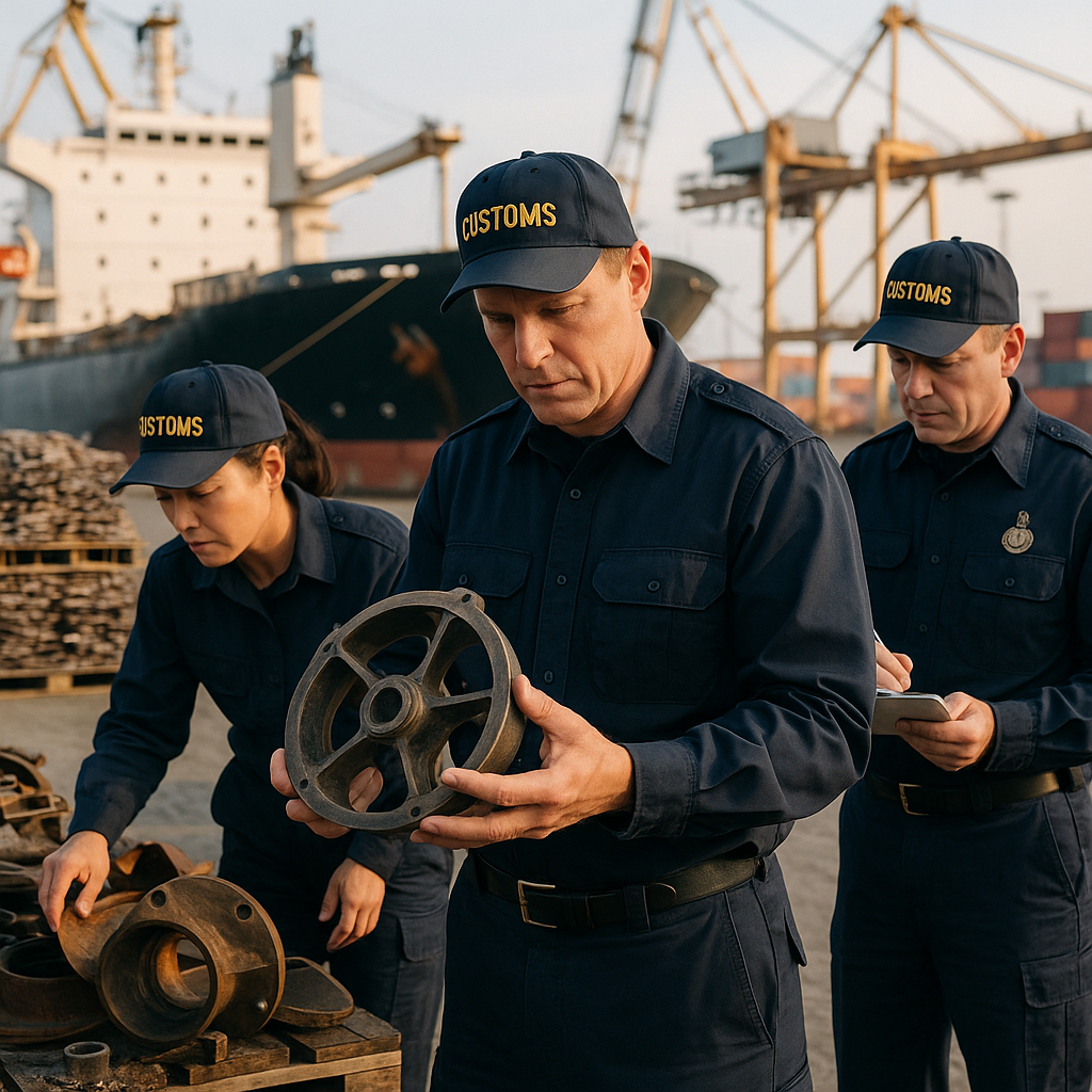 Customs Inspection at Busy Port Customs officials examining ship parts at a busy port with a large cargo ship in the background and stacks of metal scrap awaiting shipment.
