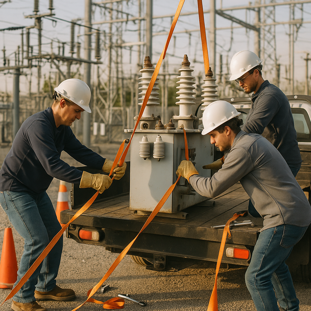 Loading Decommissioned Equipment for Recycling Technicians loading decommissioned electrical equipment onto a flatbed truck for recycling at a power substation.