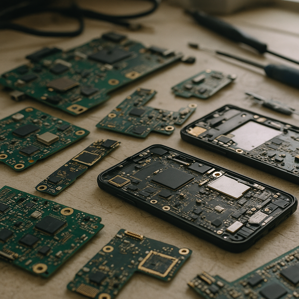 Close-up of Disassembled Electronic Components Close-up view of disassembled computer motherboards, smartphones, and circuit boards with visible gold connectors.