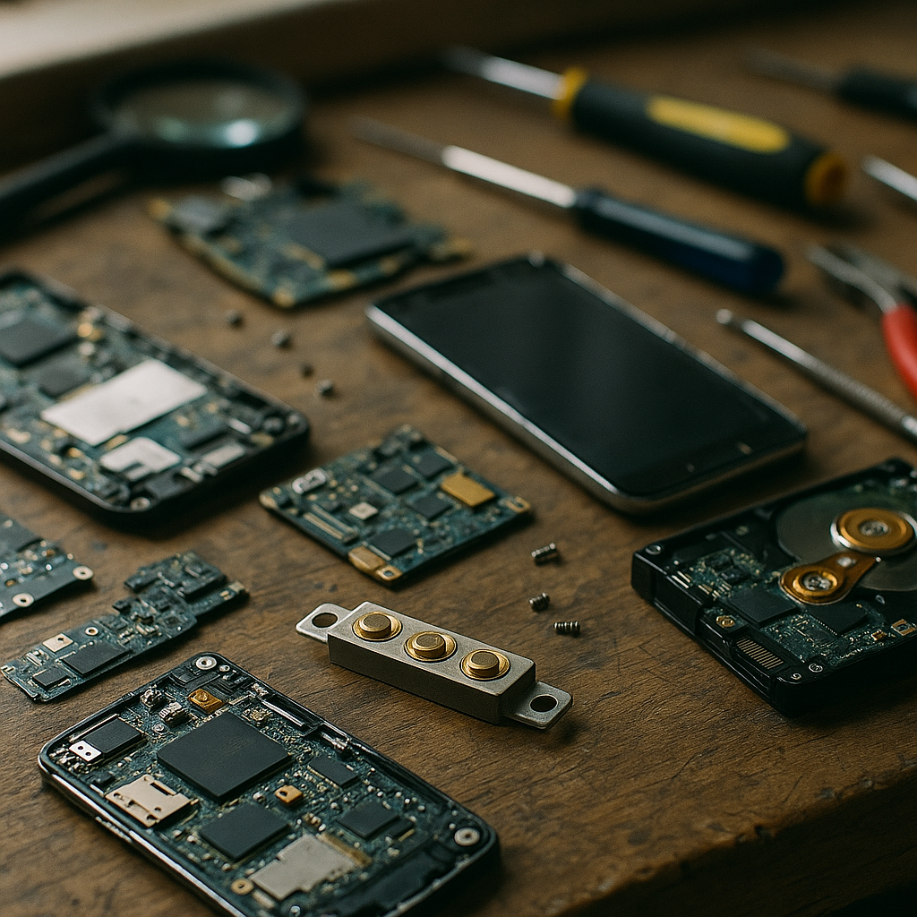 Disassembled Electronic Devices with Rare Earth Elements Disassembled electronic devices on a workbench, including old smartphones, circuit boards, and hard drives, showing small metallic components that contain rare earth elements.