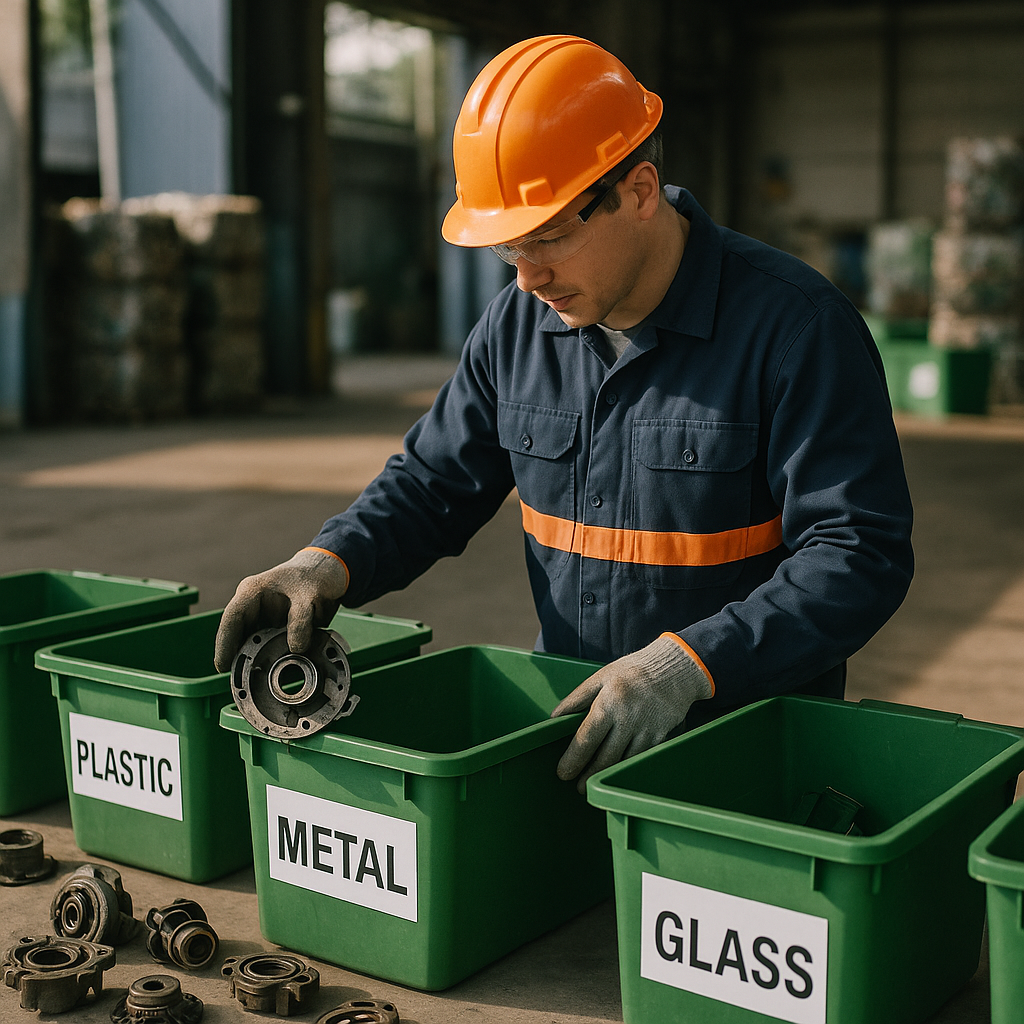 Worker Sorting Disassembled Machine Parts in Recycling Facility Disassembled machine parts sorted in a recycling facility with a worker in safety gear handling green bins with clear labels.