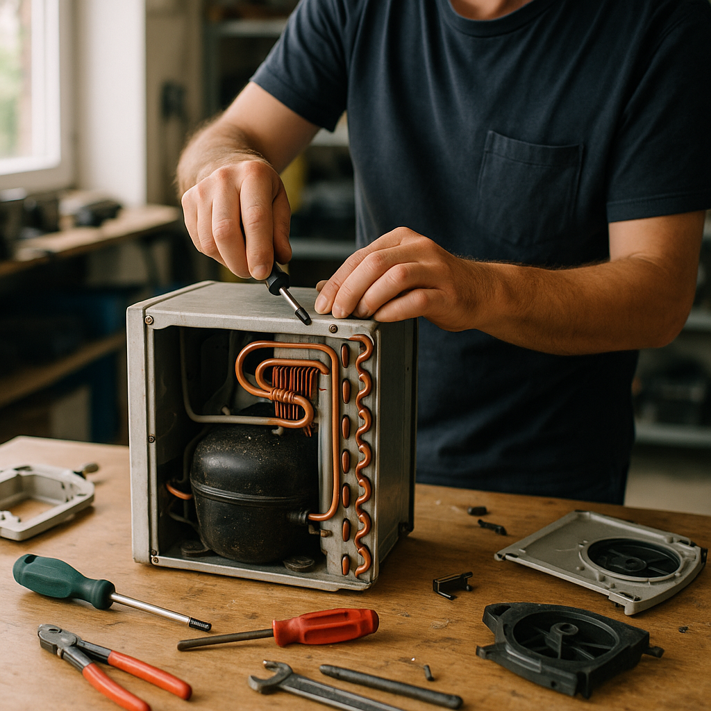 A person using tools to disassemble an appliance, revealing copper coils and metal parts in a workshop environment.