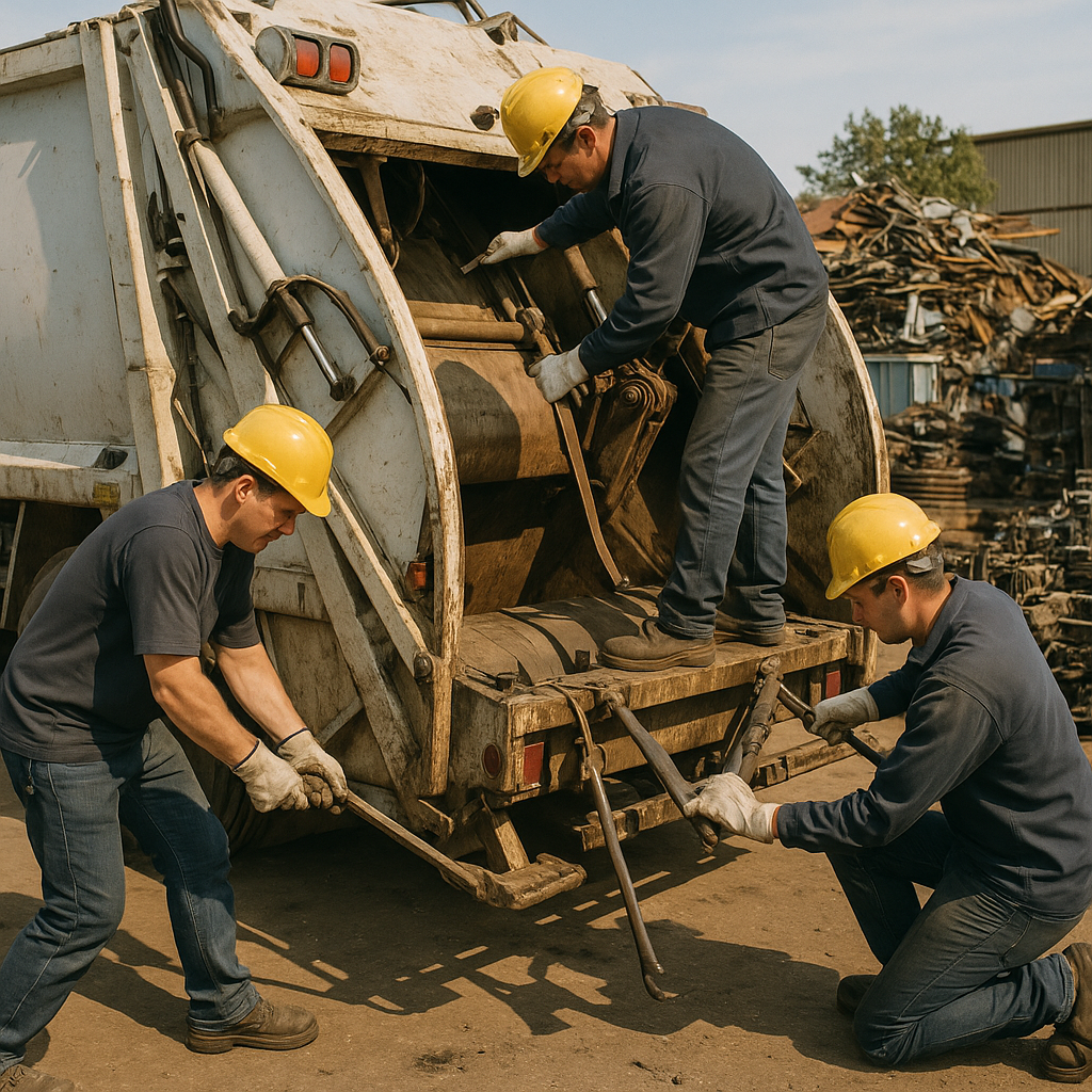 Step-by-step disassembly of a garbage truck in a scrapyard with workers using tools.