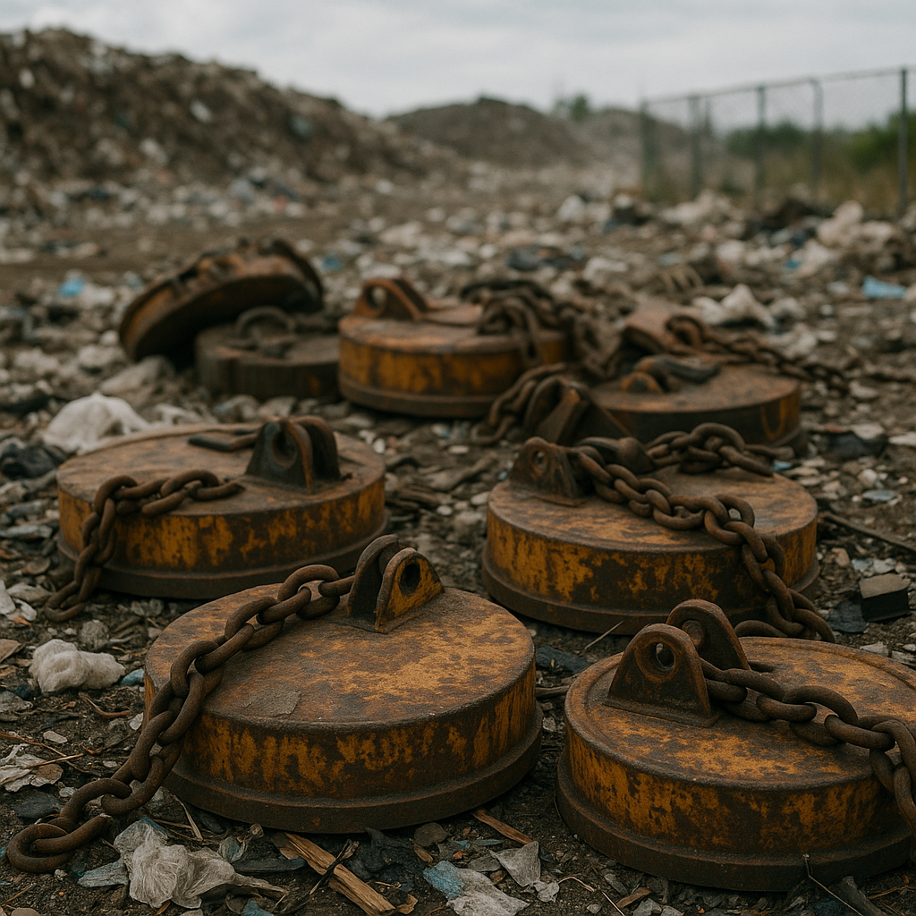 Industrial Magnets in Landfill Discarded industrial magnets in an open landfill with debris, illustrating safety hazards