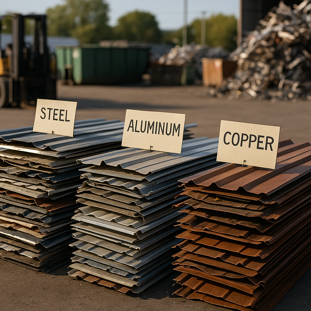 Recycling of Metal Roofing Panels and Siding Sheets A variety of discarded metal roofing panels and siding sheets stacked at a recycling facility, with labels indicating different metals like steel, aluminum, and copper.