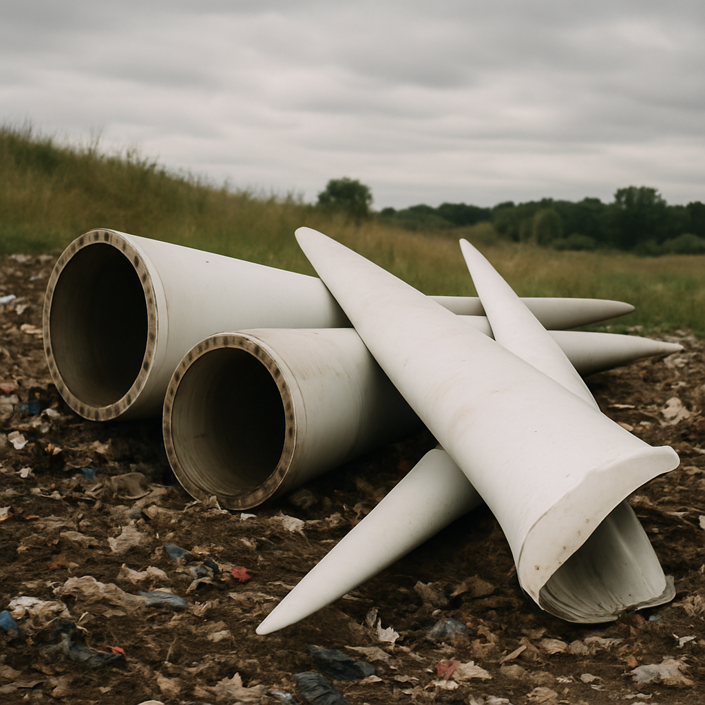 Discarded Wind Turbine Blades in Landfill Discarded wind turbine blades in an open landfill surrounded by grass and a cloudy sky.