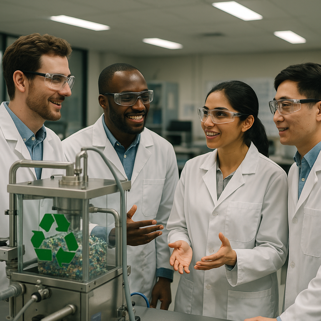 Diverse Engineers Innovating in Recycling Technology Group of diverse engineers reviewing advanced recycling equipment in a modern lab, discussing future innovations.