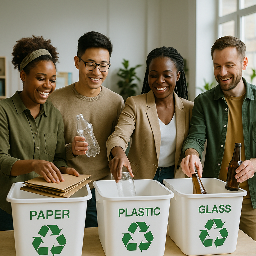 Team Recycling Effort in the Office Diverse team placing recyclables in proper bins together in an office space.