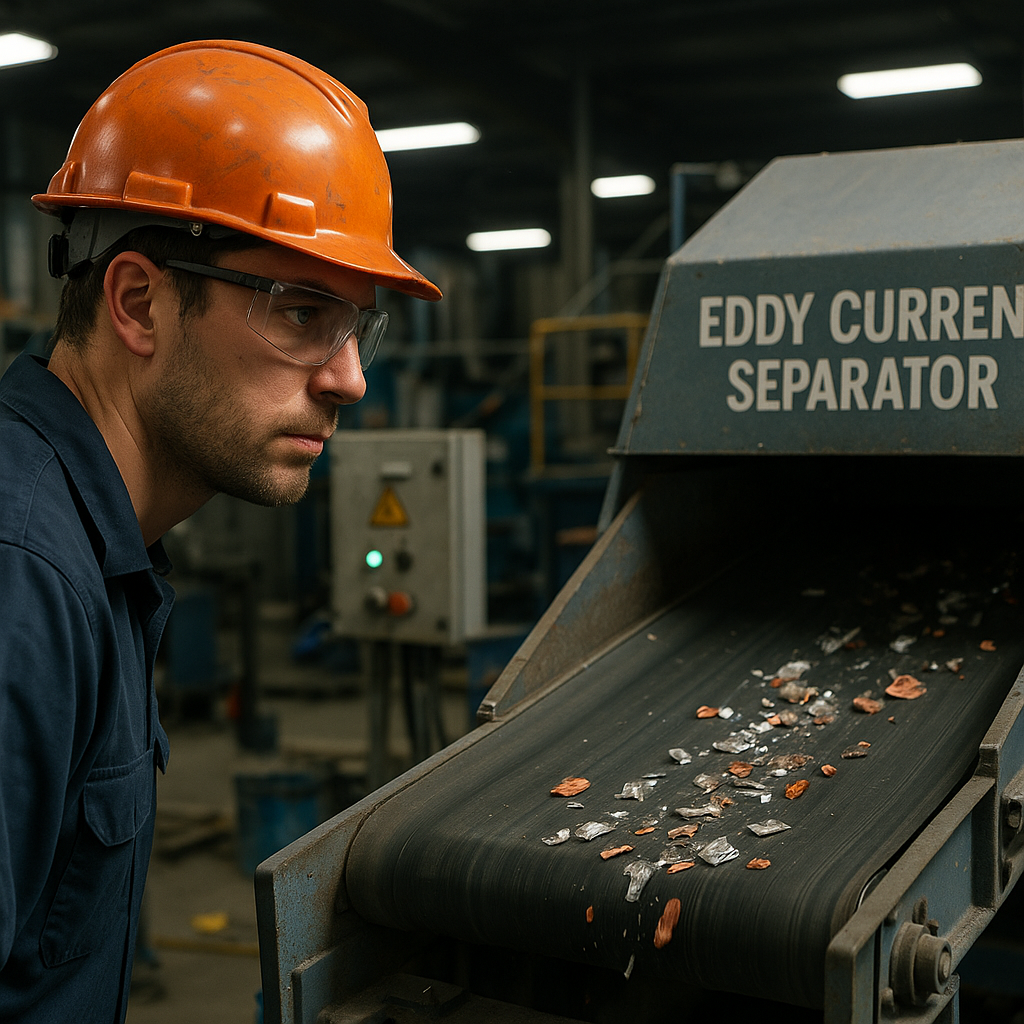 Eddy Current Separator in Action Technician observing an eddy current separator machine separating aluminum and copper pieces on a conveyor belt in a recycling plant.