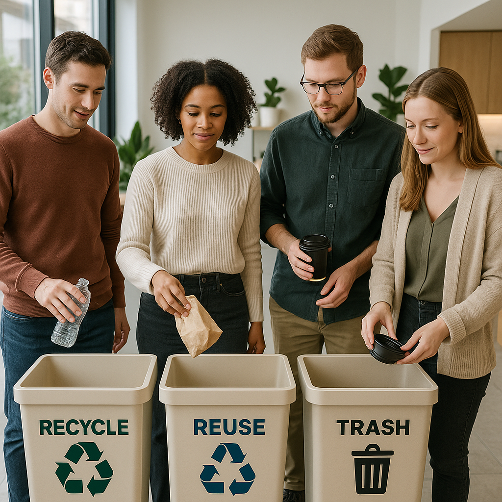 Office Waste Sorting in Breakroom Employees sorting office waste into recycle, reuse, and trash bins in a well-lit company breakroom.