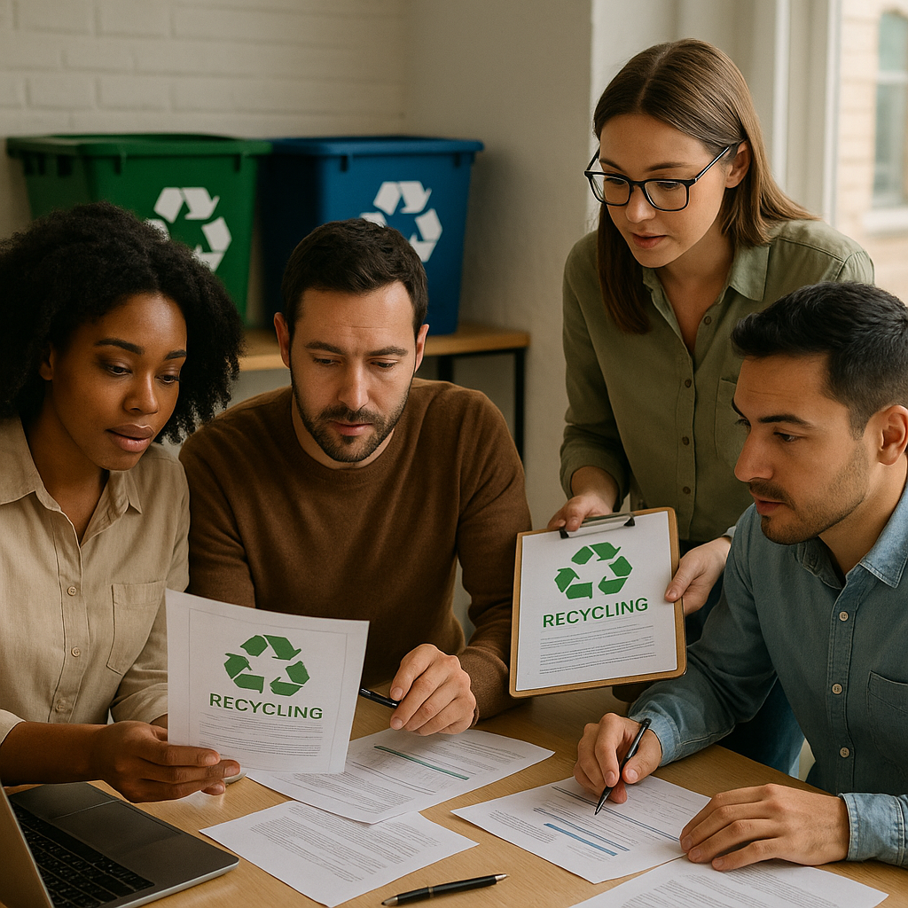Collaboration on Recycling Initiatives Team of employees gathered around a table discussing recycling documents with recycling bins in the background.
