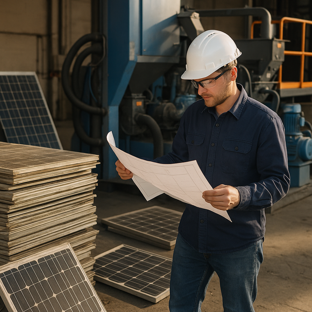 Engineer with Blueprint and Solar Panel Recycling Equipment Engineer examining a blueprint next to stacks of outdated solar panels and modern recycling equipment, symbolizing innovation and challenges.