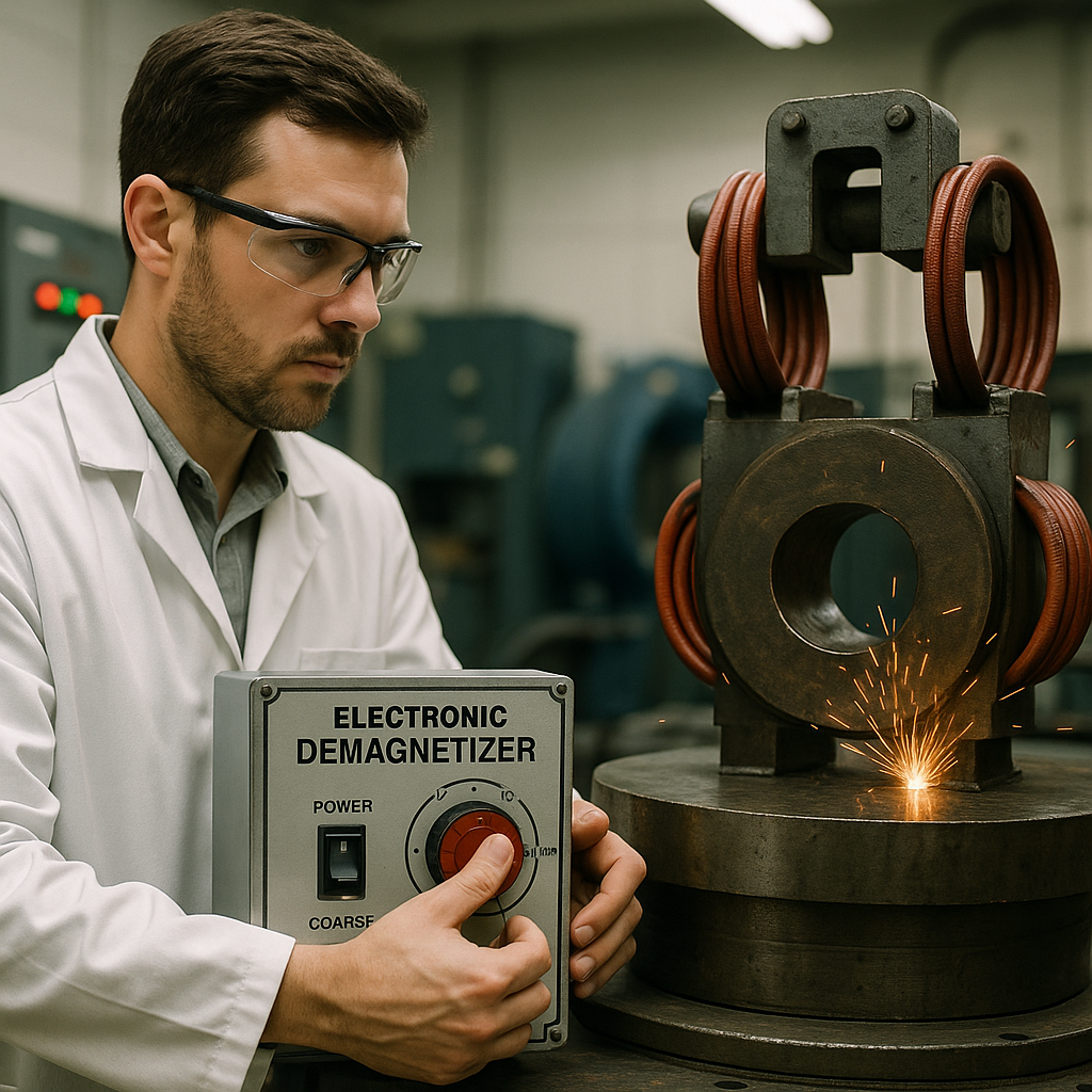 Engineer Activating Electronic Demagnetizer Engineer activating an electronic demagnetizer on a large industrial magnet, with visible electric control panel, sparks, and magnetic coils in a realistic laboratory environment.
