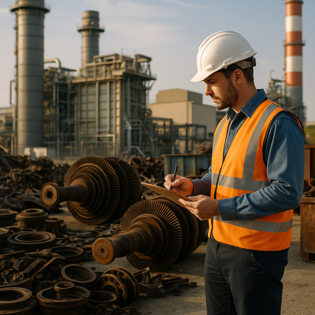 Engineer Evaluating Dismantled Turbines Engineer wearing safety helmet evaluating dismantled turbines and metal components at a power plant site with a note tablet in hand.