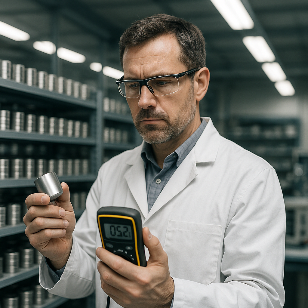 Engineer Inspecting Magnet Performance Engineer inspecting magnet performance with a digital meter in a high-tech lab, with neatly stored magnets in the background.