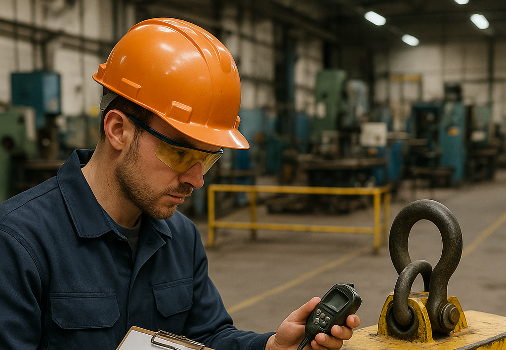 Engineer using inspection checklist and digital gauge to test deactivated magnetic lifter on factory floor, close-up shot with safety gear.