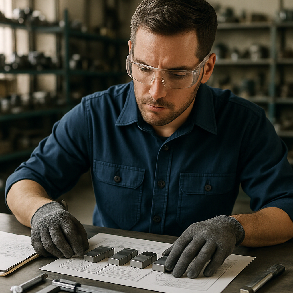 Confident engineer sorting metal samples on an organized table while referencing notes in a well-lit workshop.
