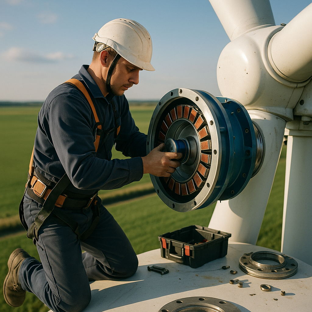Engineer installing a wind turbine generator with visible rare earth magnets against a backdrop of green fields and a blue sky.
