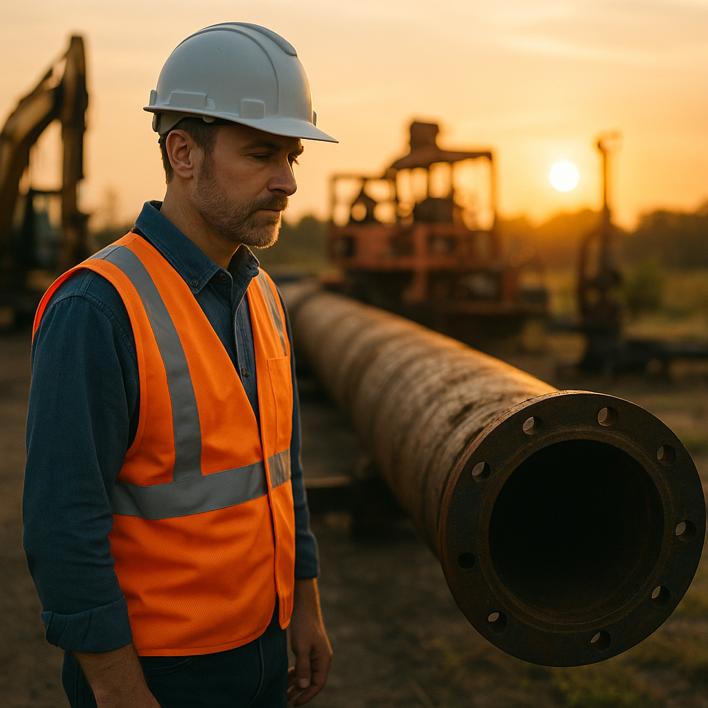 Engineer standing beside a decommissioned pipeline site at sunset with machinery in the background.