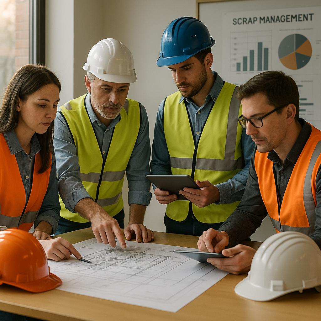 Engineers Discussing Demolition Plan Engineers discussing a building demolition plan with blueprints and digital tablets on a table, featuring scrap management charts and hard hats.
