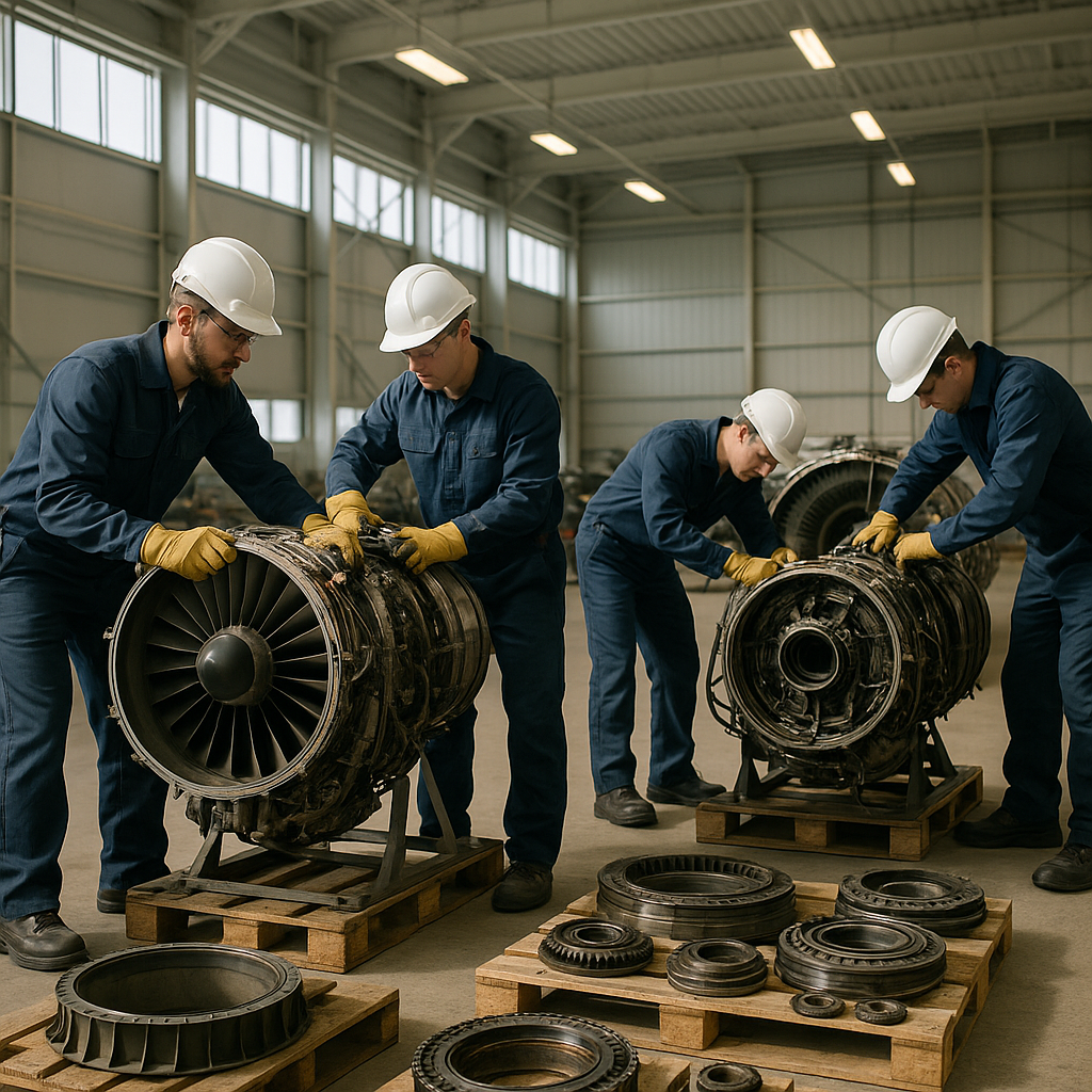 Aircraft Engine Dismantling Engineers in safety gear disassembling aircraft engines in a large hangar with organized engine parts on pallets.