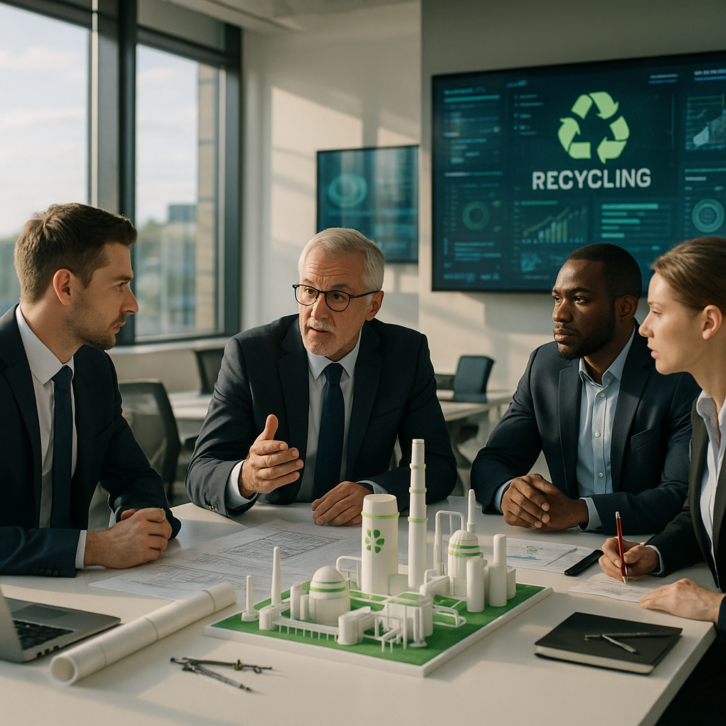 Futuristic Recycling Plant Collaboration Engineers discussing futuristic recycling plant models with digital screens in a modern facility