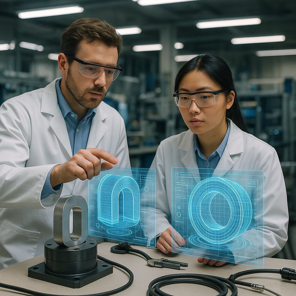 Engineers with Industrial Magnets and Holographic Displays Engineers examining advanced industrial magnets with holographic displays in a high-tech facility