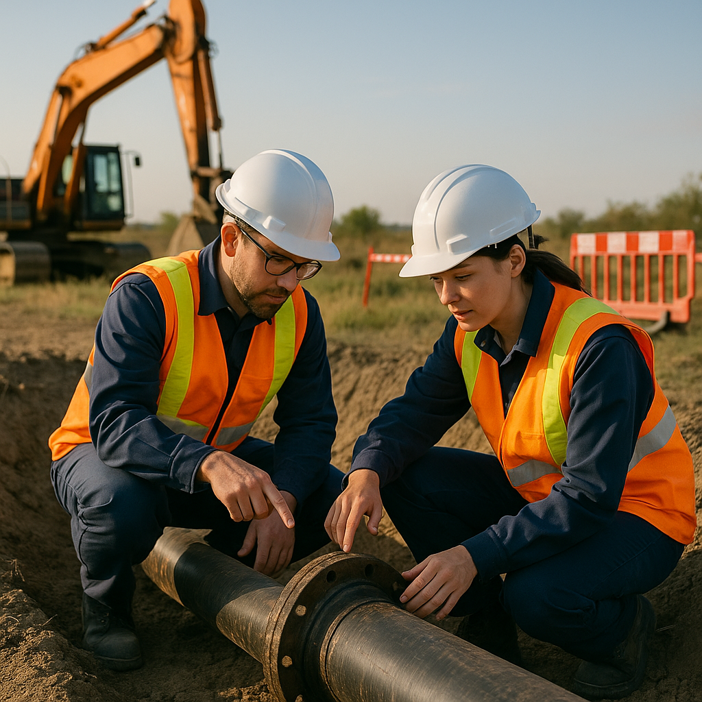 Engineers in safety gear inspecting an exposed oil pipeline section in a remote field with heavy equipment and safety barriers nearby under a clear sky.