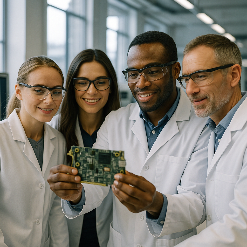 Engineers in a Modern Lab Examining Refurbished Components Engineers examining refurbished electronic components in a modern lab with futuristic equipment and hopeful expressions.