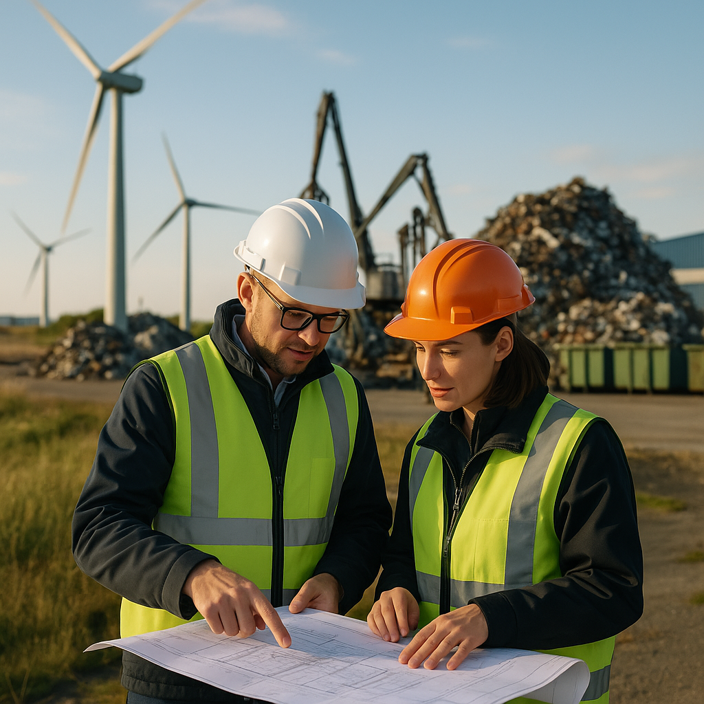 Engineers Discussing Renewable Energy Planning Wide view of advanced wind turbines and recycling facilities with engineers discussing plans using blueprints in a bright setting.