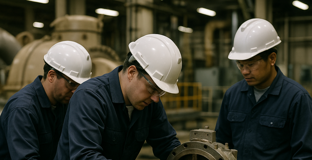 Engineers in safety gear dismantling industrial equipment inside a power plant with organized work area and labeled tools.