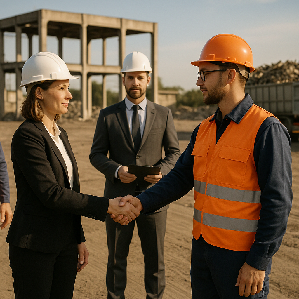 Engineers and Business Professionals Collaboration Team of engineers and business professionals shaking hands in front of a cleared decommissioned power plant site with loaded trucks carrying recyclable materials.