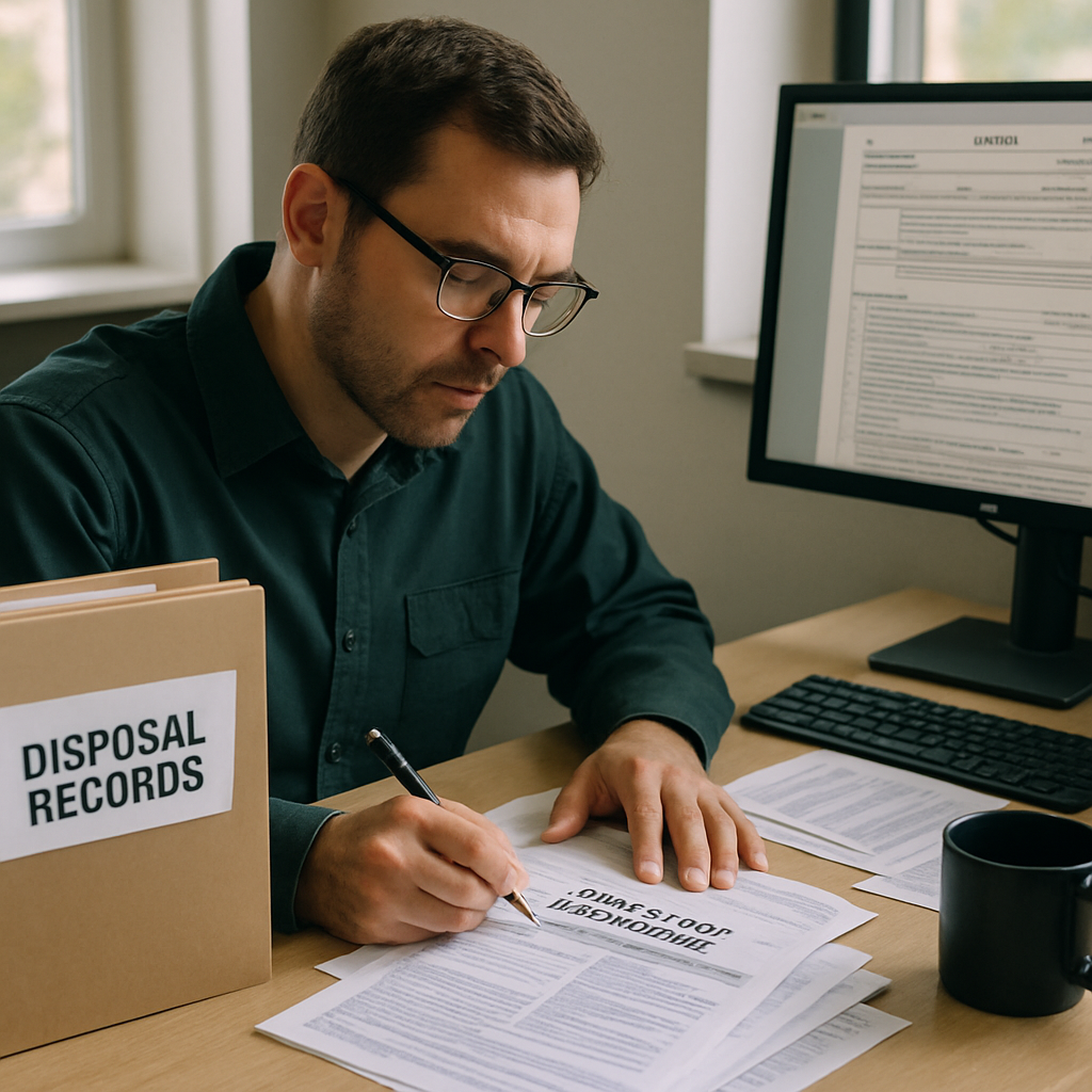 Environmental Compliance Officer at Desk Environmental compliance officer filling out regulatory paperwork at desk with folders labeled 'Disposal Records' and a computer displaying official forms.