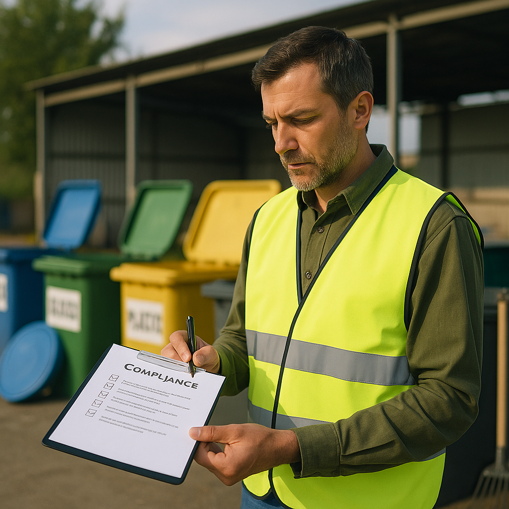 Environmental inspector in safety vest reviewing documents near sorted waste bins at a recycling facility during daytime.