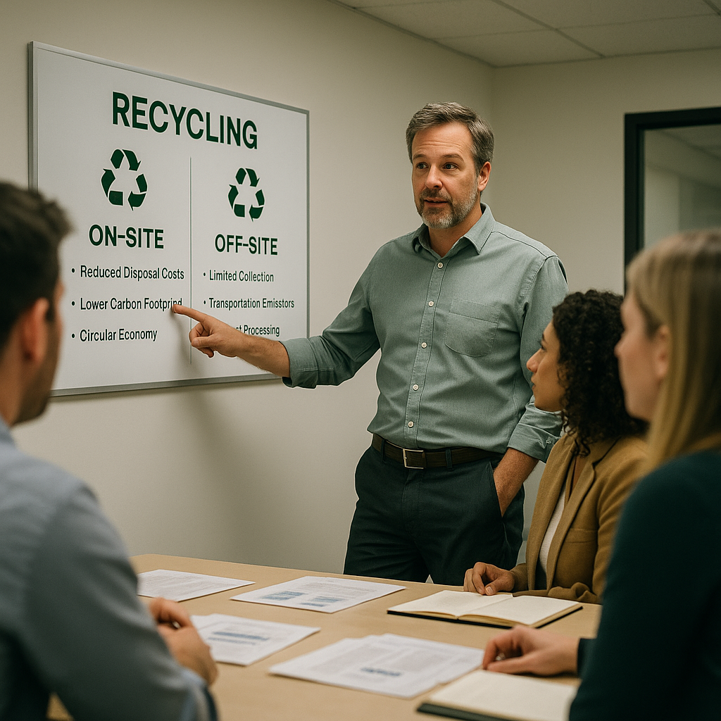 Reviewing Recycling Options in Office Meeting Environmental manager reviewing recycling options with team, pointing at a wall chart comparing on-site and off-site methods in an office meeting room.