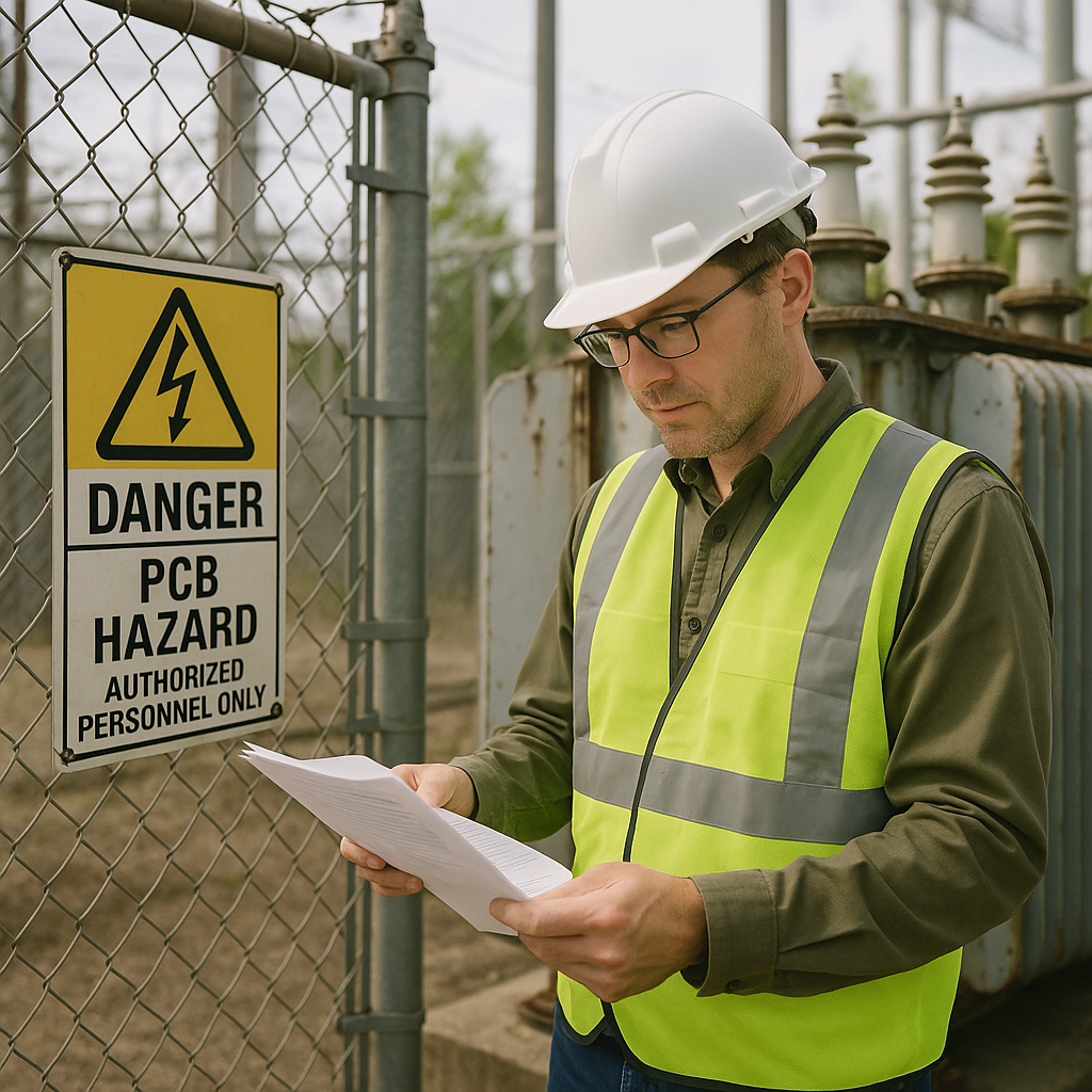 Environmental Inspector with Power Transformer Environmental inspector reviewing documents beside an old power transformer with regulatory signage in a fenced facility during clear daylight.