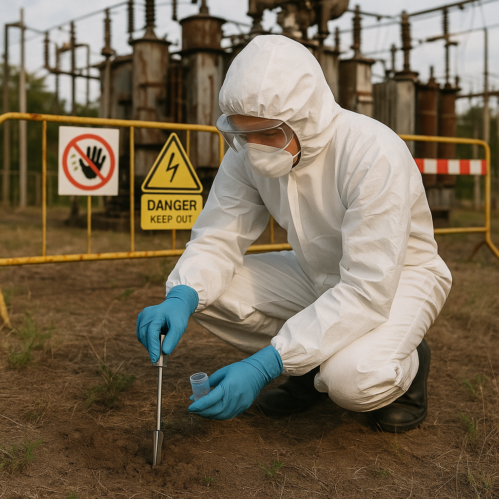 Soil Sampling by Environmental Inspector Environmental inspector in protective suit taking soil samples near decommissioned substation with safety signs and barriers visible.