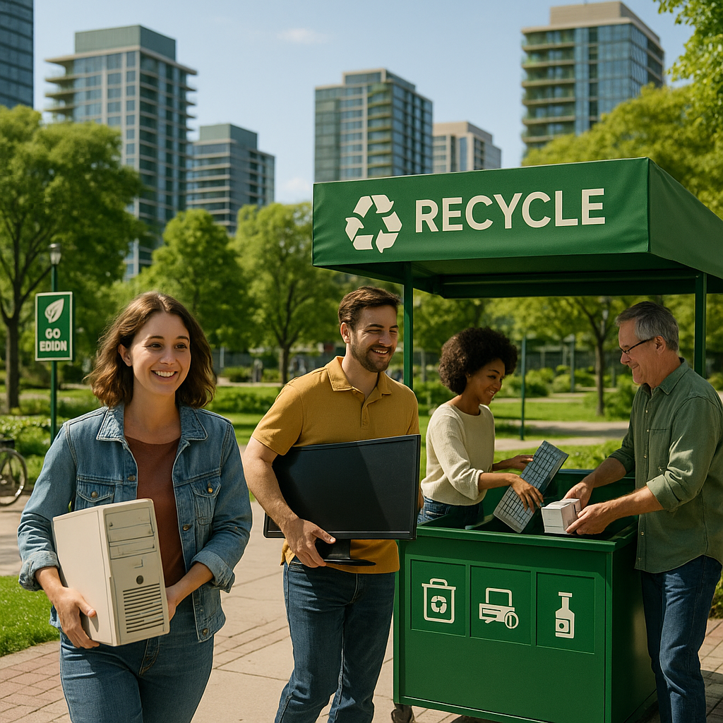 Optimistic Future in an Eco-Friendly City Environmentally friendly city featuring green spaces and clean recycling centers, with people joyfully bringing electronics for recycling under a bright sky.
