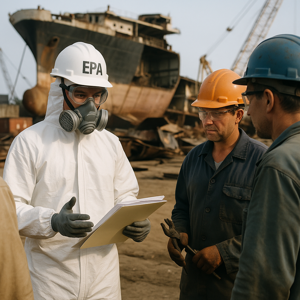 EPA Inspector Discussing Guidelines at Shipbreaking Yard EPA inspector in safety gear discussing guidelines with workers at a shipbreaking yard beside a dismantled ship, holding official documents.