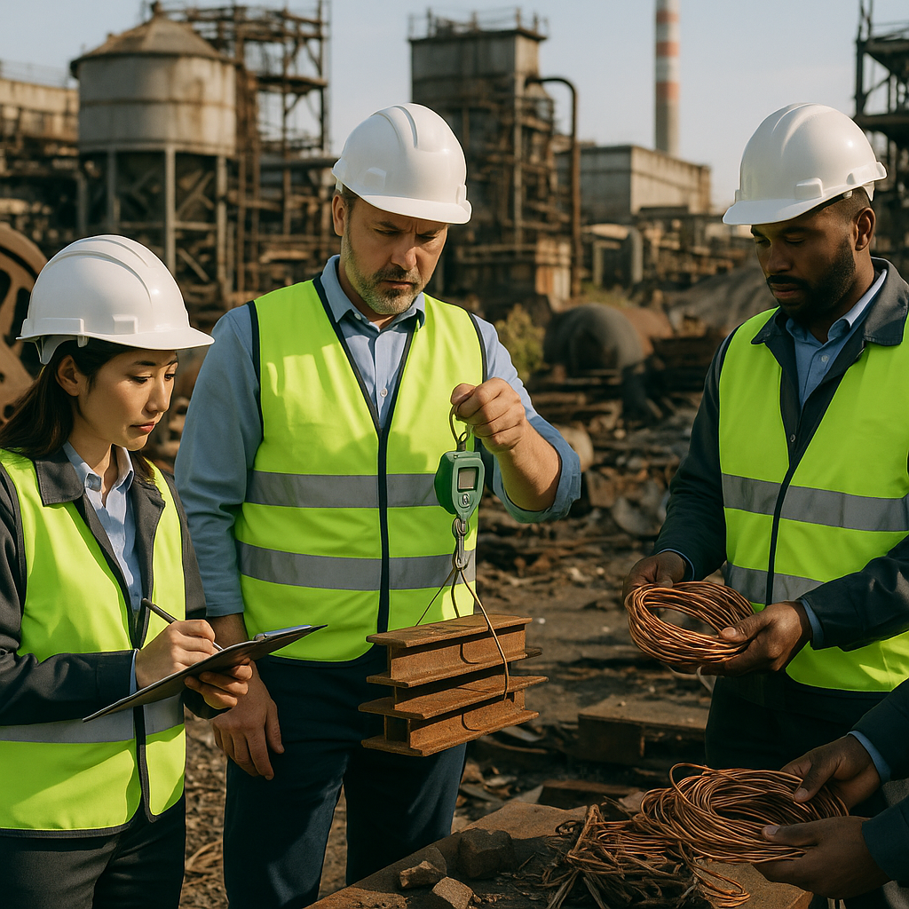 Inspection of Metal Parts at Decommissioned Power Plant Group of experts inspecting metal parts, weighing steel beams and copper wires at a decommissioned power plant yard.