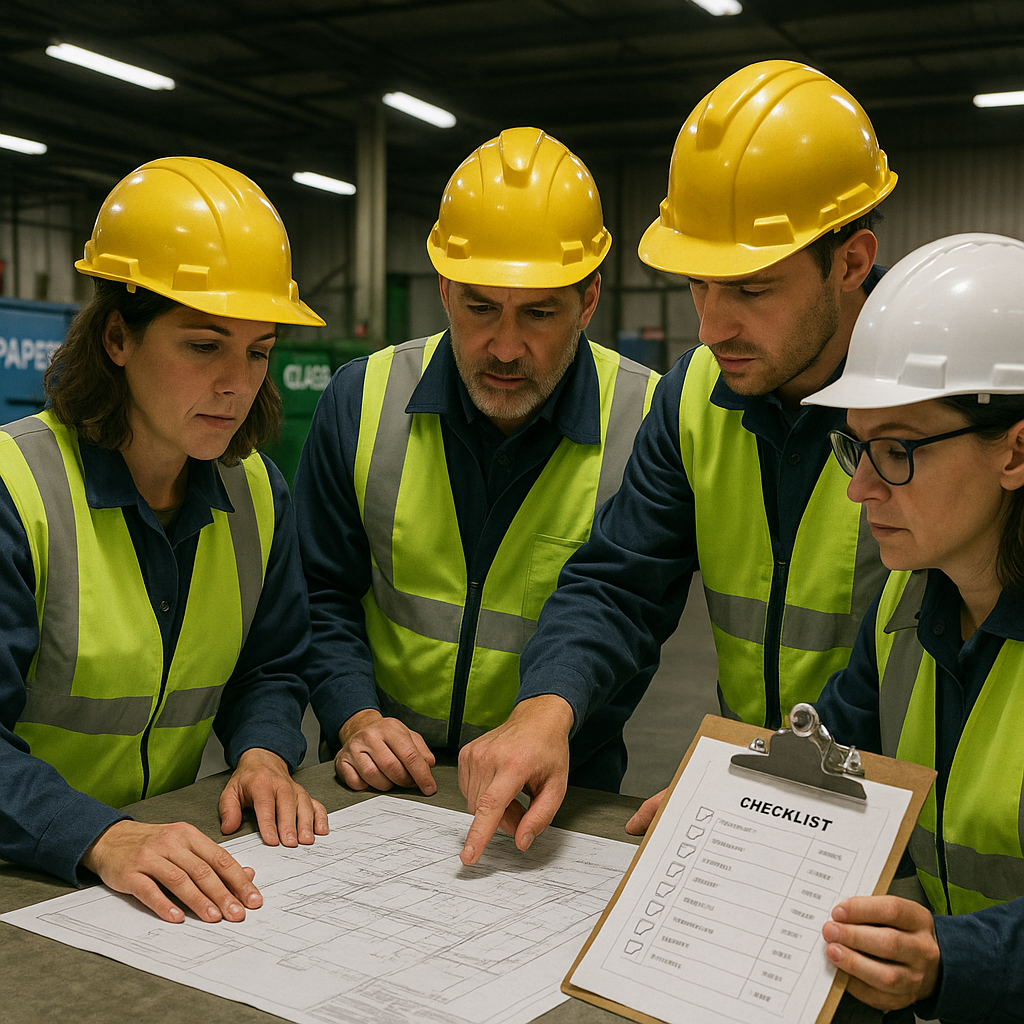 Team of Facility Managers Reviewing Blueprints in Recycling Facility A team of facility managers reviewing blueprints and checklists in a recycling facility with bins labeled for sorting in the background under bright lighting.