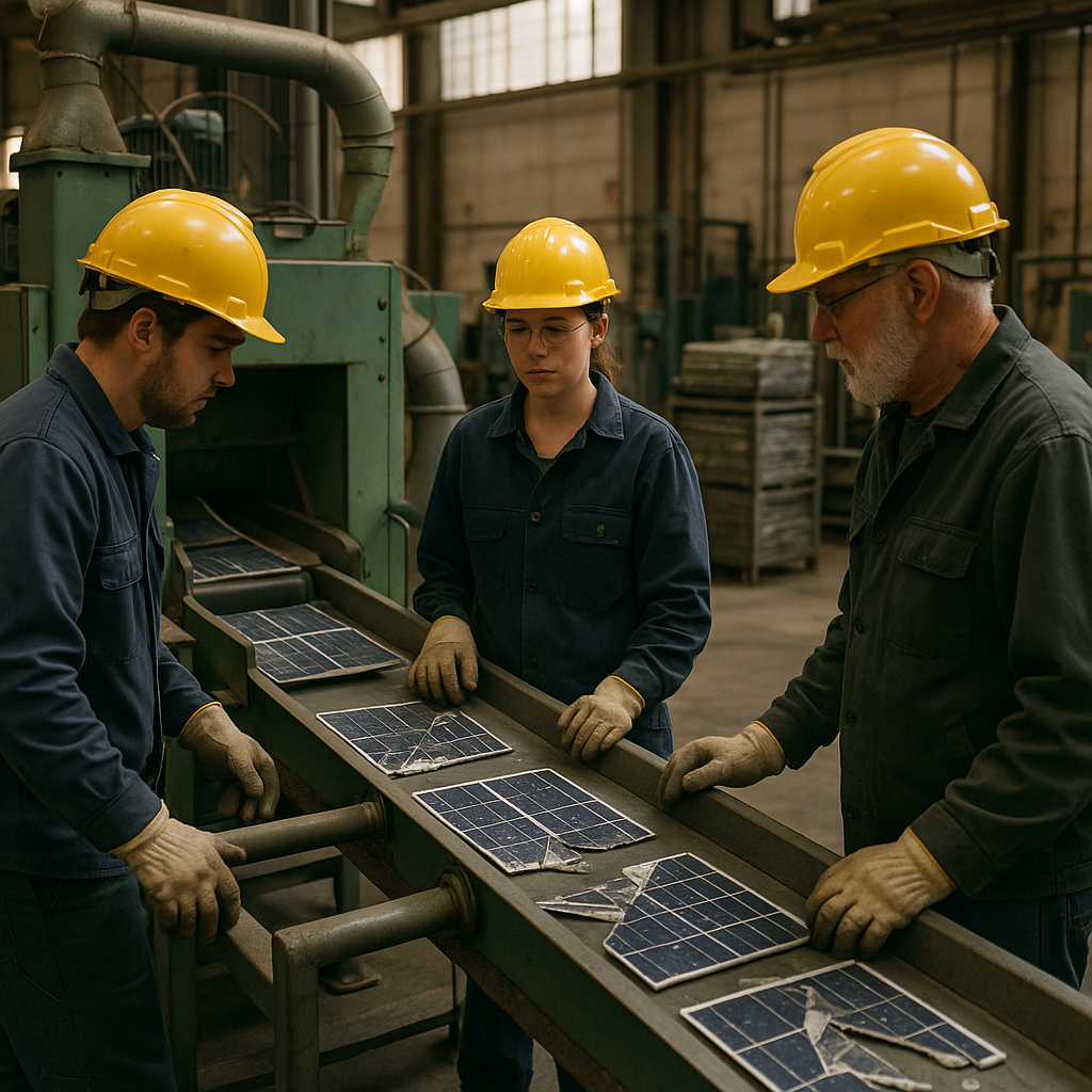 Factory Workers Recycling Solar Panels Factory workers overseeing a conveyor belt with solar panel parts being processed by recycling machines in an industrial setting while wearing safety gear.