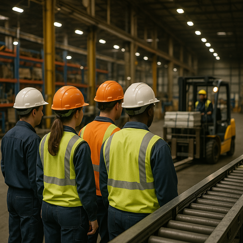 Factory scene with idle workers waiting by a halted assembly line and a forklift moving materials across a large warehouse.
