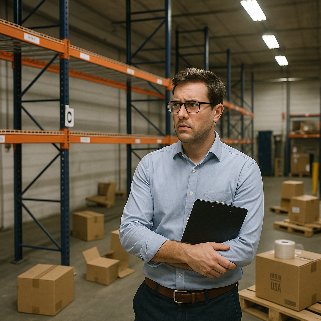 Concerned Factory Manager in Warehouse Factory manager looking at empty storage racks and delayed shipping boxes with a concerned expression.