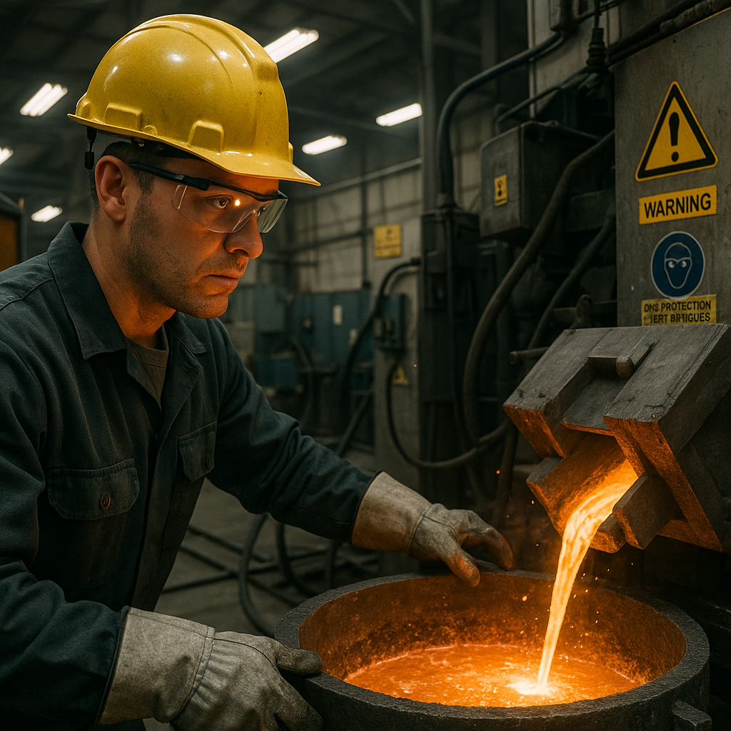 Factory Worker Overseeing Metal Melting Process Factory worker wearing safety gear overseeing the metal melting process in an industrial setting with visible warning signs.