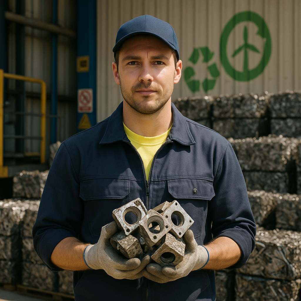 Factory Worker with Recycled Metal Parts and Green Energy Symbols Factory worker holding recycled metal parts with green energy symbols in the background, surrounded by stacks of reusable materials under bright lighting.