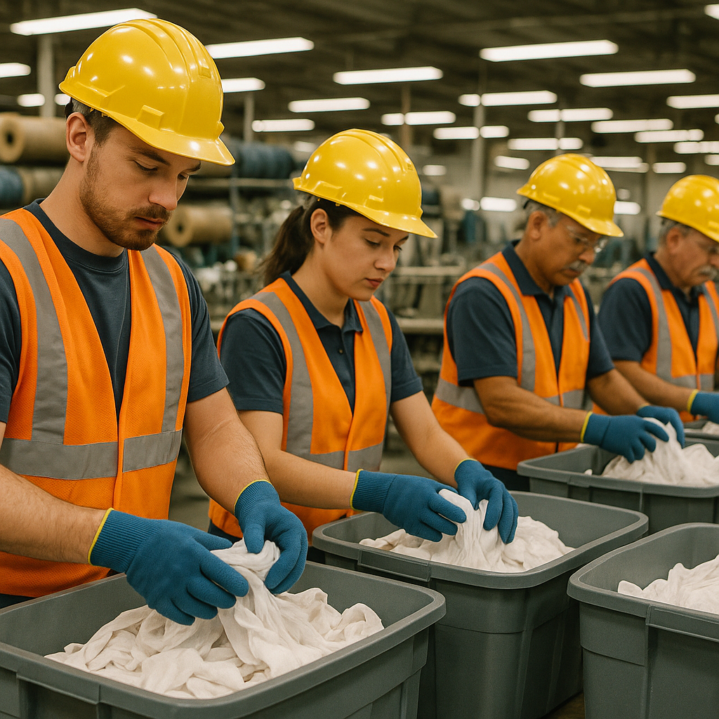 Sorting Fabric Scraps in Factory Factory workers sorting clean fabric scraps into bins on a manufacturing floor under bright industrial lighting.