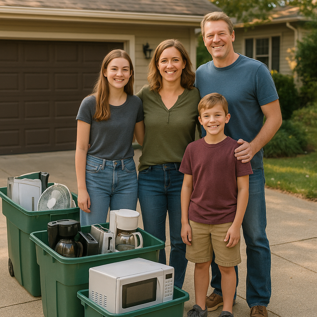 Family Recycling Initiative Family standing proudly next to recycling bins with old appliances ready for collection in a suburban home driveway.