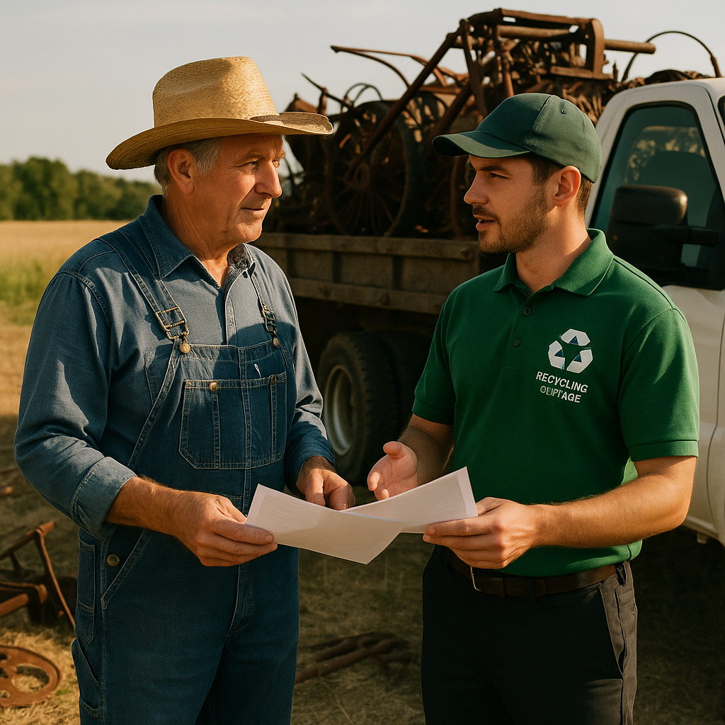 Farmer and Recycling Service Interaction Farmer reviewing documents while talking to a recycling service representative near a truck loaded with old farm equipment at the edge of a field.